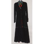 Droppy and Brown by Angela Homes black velvet coat dress with full skirt and cloth covered