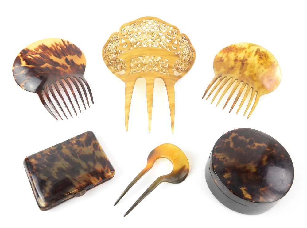 A group of hair combs, including one in tortoiseshell 16.5 x 12.2cm, one in horn and a larger