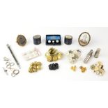 A group of textiles accessories, including sets of buttons, dress studs, silver topped ring boxes,