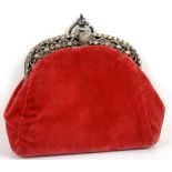 19th century raspberry handbag with French silver frame and cut steel work to front, leather