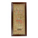 A 19th century Sampler with Ship, Church, birds and Alphabet, unclear who worked by 63.5cm x 25cm