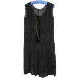Black silk Georgette drop waist sleeveless 1920s dress with devore panels lightly gathered on