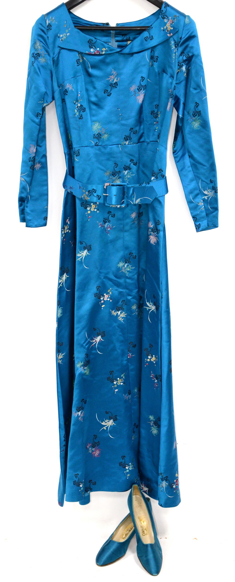 Chinese silk brocade floor length turquoise belted dress circa 1950s-60s, and matching Ferragamo