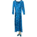 Chinese silk brocade floor length turquoise belted dress circa 1950s-60s, and matching Ferragamo