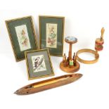 Needlework tools and pictures - Cotton reel wooden holder with pincushions - Wooden shuttle with