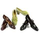 1920s-30s Shoes including a pair of Eau de nil boudoir slippers with Ostrich feather trim size 3,