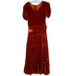 1930s rust coloured silk velvet dress short sleeved v neck, very full and gathered tiered skirt with