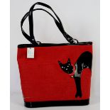 Lulu Guinness red canvas black patent leather straps and trim with Cat and Mouse with dust bag and