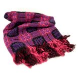 Welsh blanket 1960s in pink, blue and black with fringe 160cm x 245cm A few pulls particular to