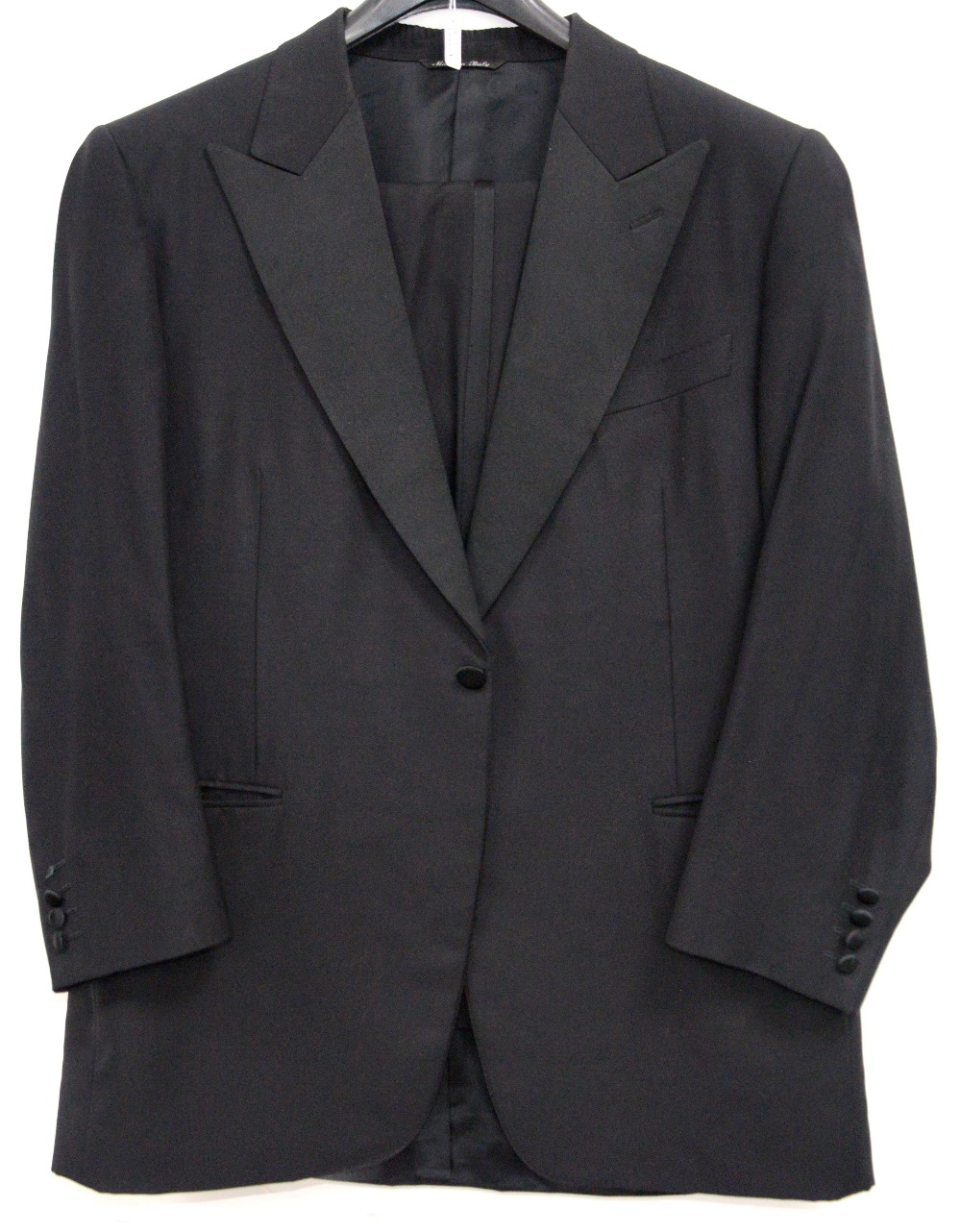 Mans navy blue cashmere mixture city coat with velvet collar and a dinner suit bearing Harrods label - Image 2 of 2