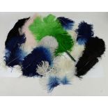 Quantity of 15 Ostrich feathers in green, blue and black and small quantity of feathers for hats,