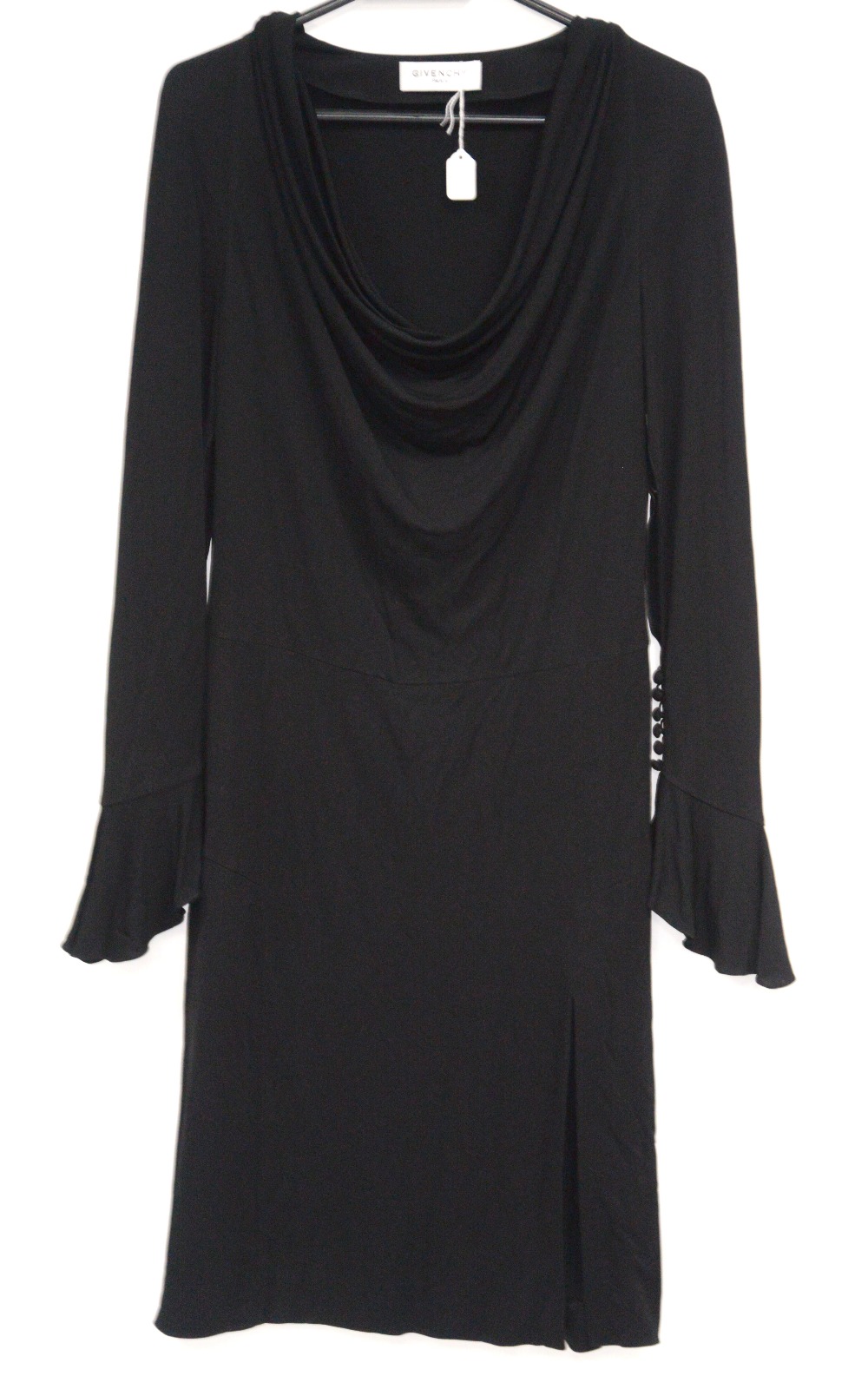 Givenchy Black cocktail dress with cowl neck, slit and button detail to sleeves and flared cuffs,