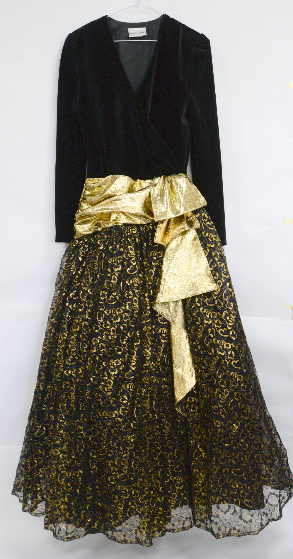 An 80s velvet lame and lace full skirted ball gown with sash by Frank Usher, 2 Jean Muir tops in