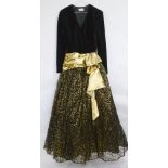An 80s velvet lame and lace full skirted ball gown with sash by Frank Usher, 2 Jean Muir tops in