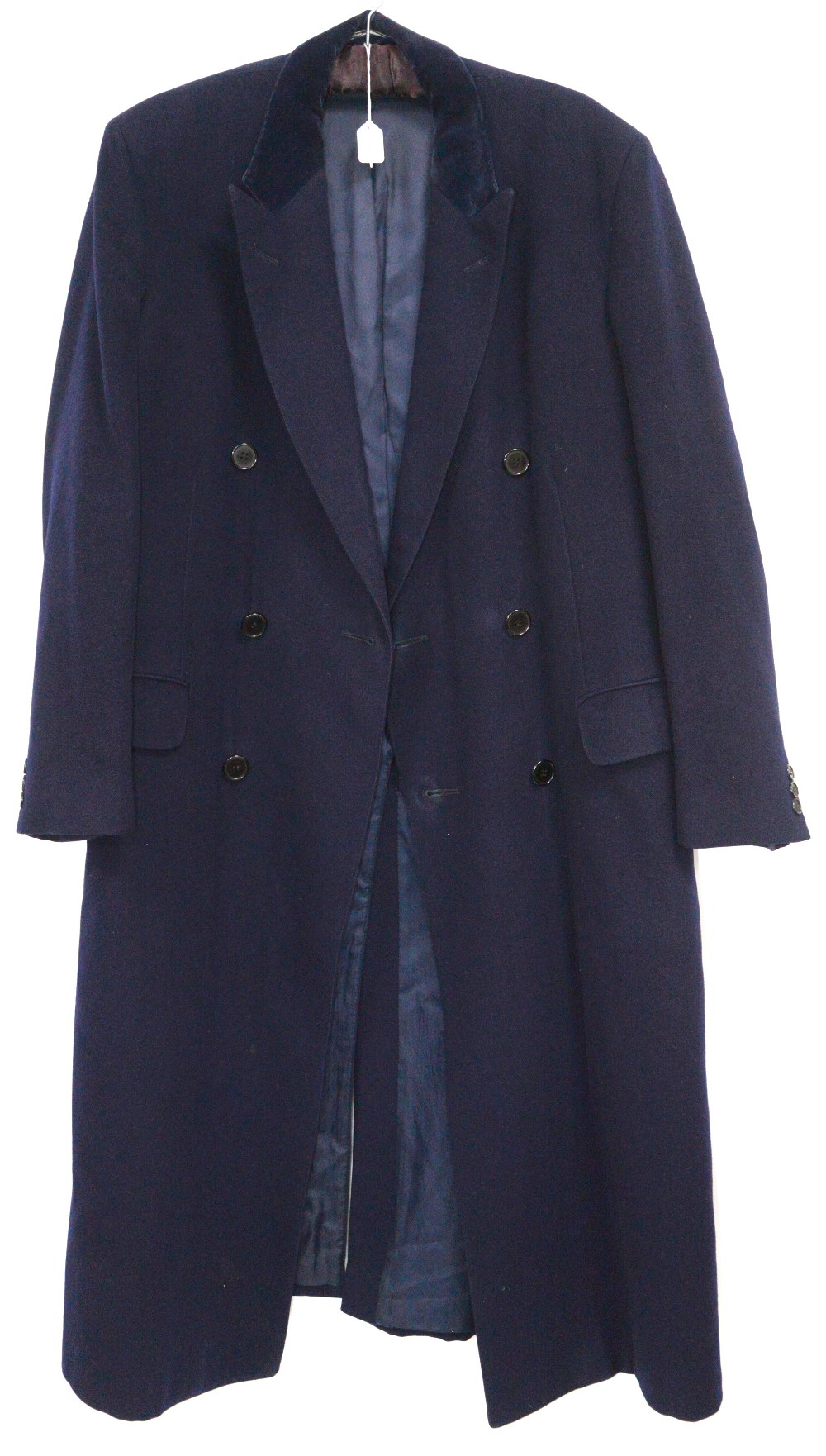 Mans navy blue cashmere mixture city coat with velvet collar and a dinner suit bearing Harrods label