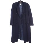 Mans navy blue cashmere mixture city coat with velvet collar and a dinner suit bearing Harrods label