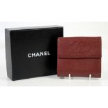 Chanel “caviar” leather bifold purse wallet in deep red lined in grosgrain fabric, with box and