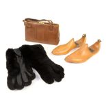 A pair of Sheepskin and rabbit fur lined Gauntlets, a pair of shoe trees , a Lizard skin handbag