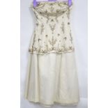 1950s Harrods sleeveless evening dress in cream silk grosgrain with beaded and sequinned bodice