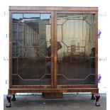 20th century mahogany display cabinet with two glazed astragal doors on cabriole legs and claw on