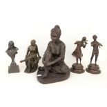 Art Nouveau style spelter bust of a woman and four other bronze effect figures