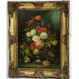 K.V. Knapp, Still life of flowers in an urn, oil on board, signed lower left, 39.5 x 29.5cm No