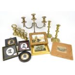 Silver box, Baxter prints, Portrait miniatures, 19th century clogs and various items of brassware