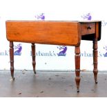 19th century mahogany Pembroke table with single drawer on turned legs on castors. 70H x 97W x 96D