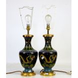 Pair of 20th century Chinese Cloisonné mounted lamps, decorated with dragons chasing flaming