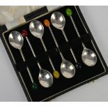 Cased set of multicoloured silver bean spoons by A J Barley, Birmingham 1958