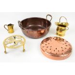 Copper jam pot, brass pot stand, brass jug and pot