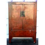 Chinese red lacquered wedding cabinet with painted scenes. 180H x 120W x 53D