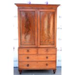 Late 19th century mahogany linen press crossbanded panel doors above associated chest of two short