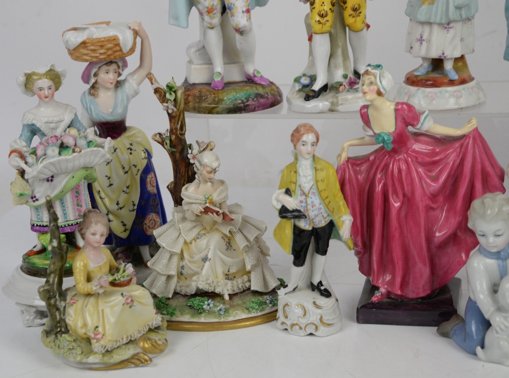 Large collection of various porcelain figurines, to include Royal Doulton ribbon seller, and ' - Image 3 of 4