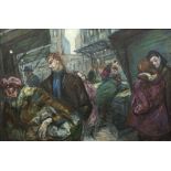 Kate Davies, 'Market', oil on canvas, inscribed verso, 91 x 136cm