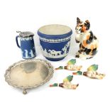 Various blue and white ceramics, oriental plates, set of 3 flying ducks, Wedgwood jasperware and a