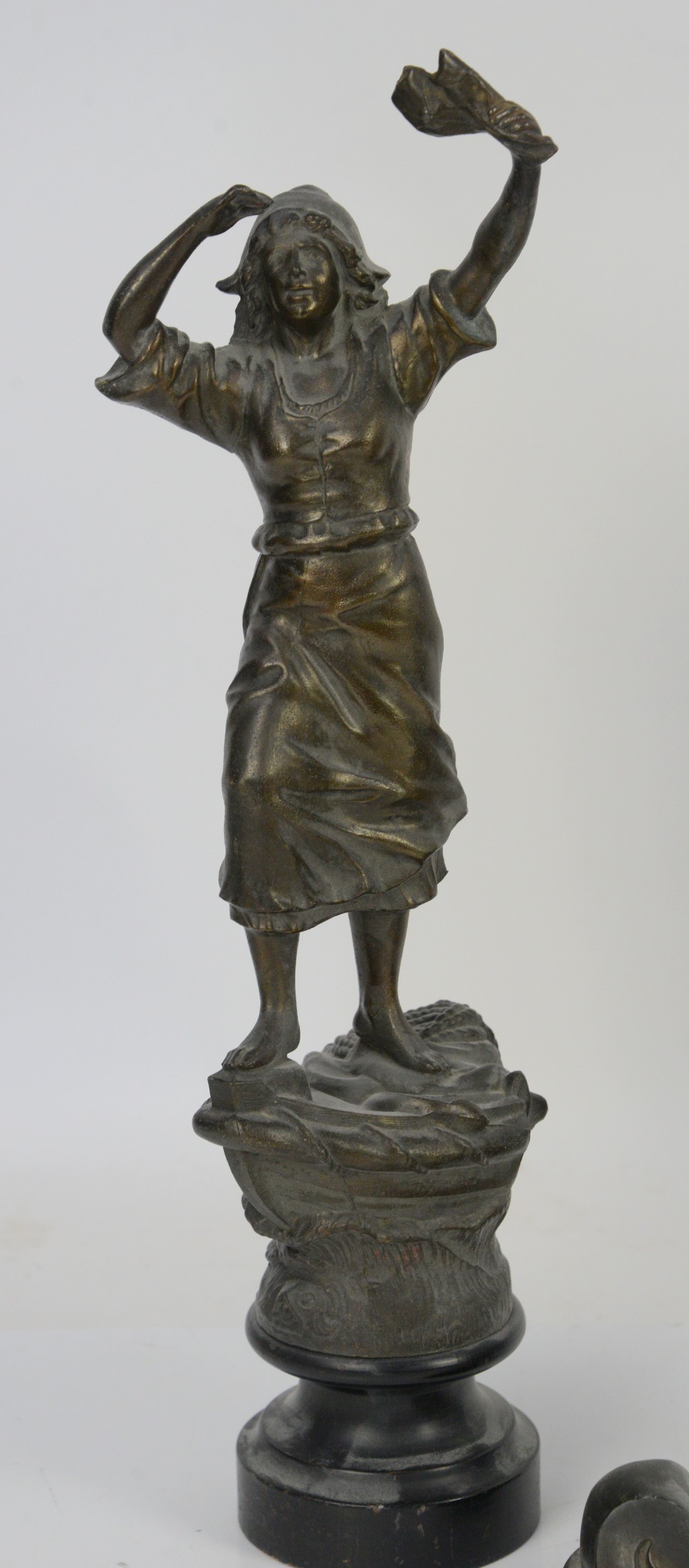 Late 19th/early 20th century French patinated spelter clock garniture modelled with a fisherman - Image 6 of 7