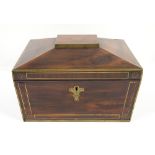 Early 19th century mahogany brass mounted tea caddy of sarcophagus form with partitioned interior