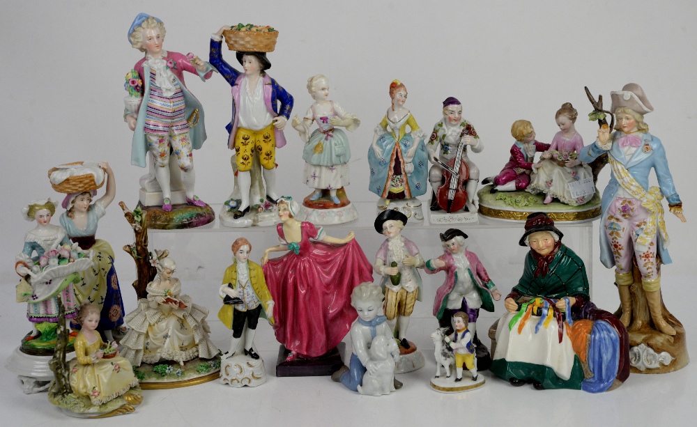 Large collection of various porcelain figurines, to include Royal Doulton ribbon seller, and '