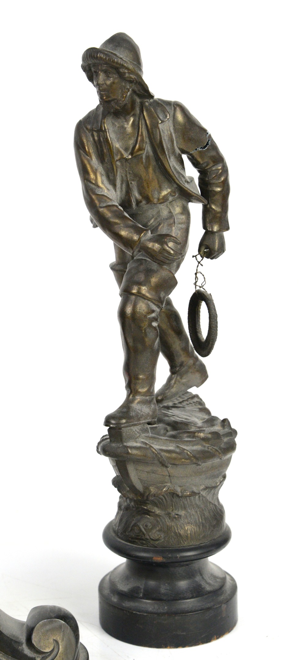 Late 19th/early 20th century French patinated spelter clock garniture modelled with a fisherman - Image 4 of 7