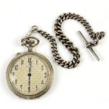 Baltic pocket watch, blue enamel hands, hour markers with silver Albert chain with T bar and