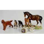 Beswick horses, Royal Doulton English Red Setter 1055, painted enamel brooch, and various