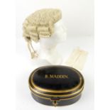 Barristers wig and collar, in toleware tin inscribed 'B, Maddin', the interior of lid inscribed '