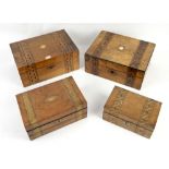Victorian walnut sewing box parquetry inlaid and three other boxes