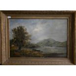 19th century oil on canvas, lakeside view, unsigned, indistinct signature on stretcher, 50cm x 76cm
