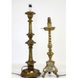 Gilt bronze lamp with twisted and acanthus decorated stem on tri form base with flowers and masks on