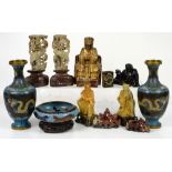 Quantity of Asian items, to include cloisonné vases, giltwood deity, prunus vases, glass vase