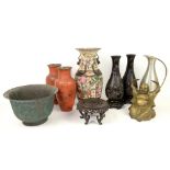 Quantity of miscellaneous items to include Chinese Famille Rose vase, paper mâché vases, hardwood