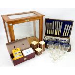Six Guinness glasses, Guinness cruet, microslides, canteen of cutlery and a wood and glass