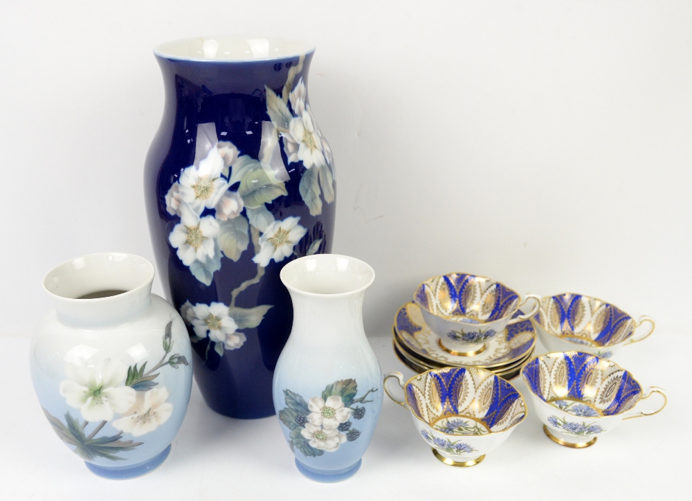 Three Royal Copenhagen vases, Paragon cups and saucers, Dresden style ovoid pot on three legs, and